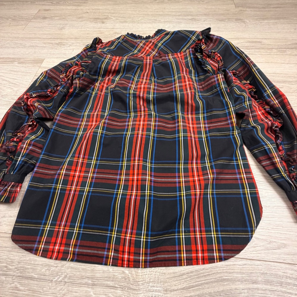 J.Crew Womens Red Tartan Plaid Ruffle Trim Cotton Top‎ Long Sleeve Medium - Picture 9 of 9